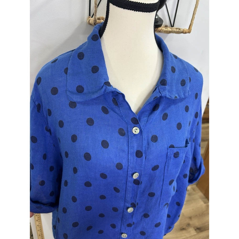 Made In Italy Top Women Medium‎ Blue Button Down Shirt Polka Dots Pocket Linen - Picture 2 of 9